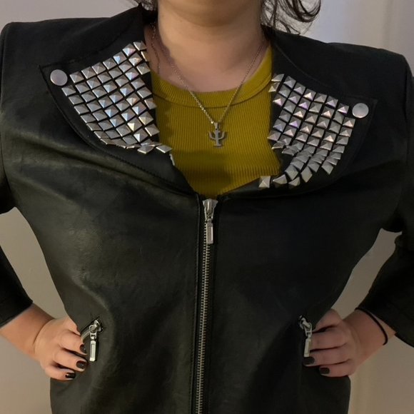 Rocker Black Leather Jacket With Metal Pins - Picture 1 of 2